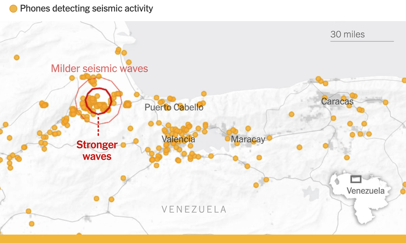 Map of phones detecting seismic activity during the Venezuela earthquakes